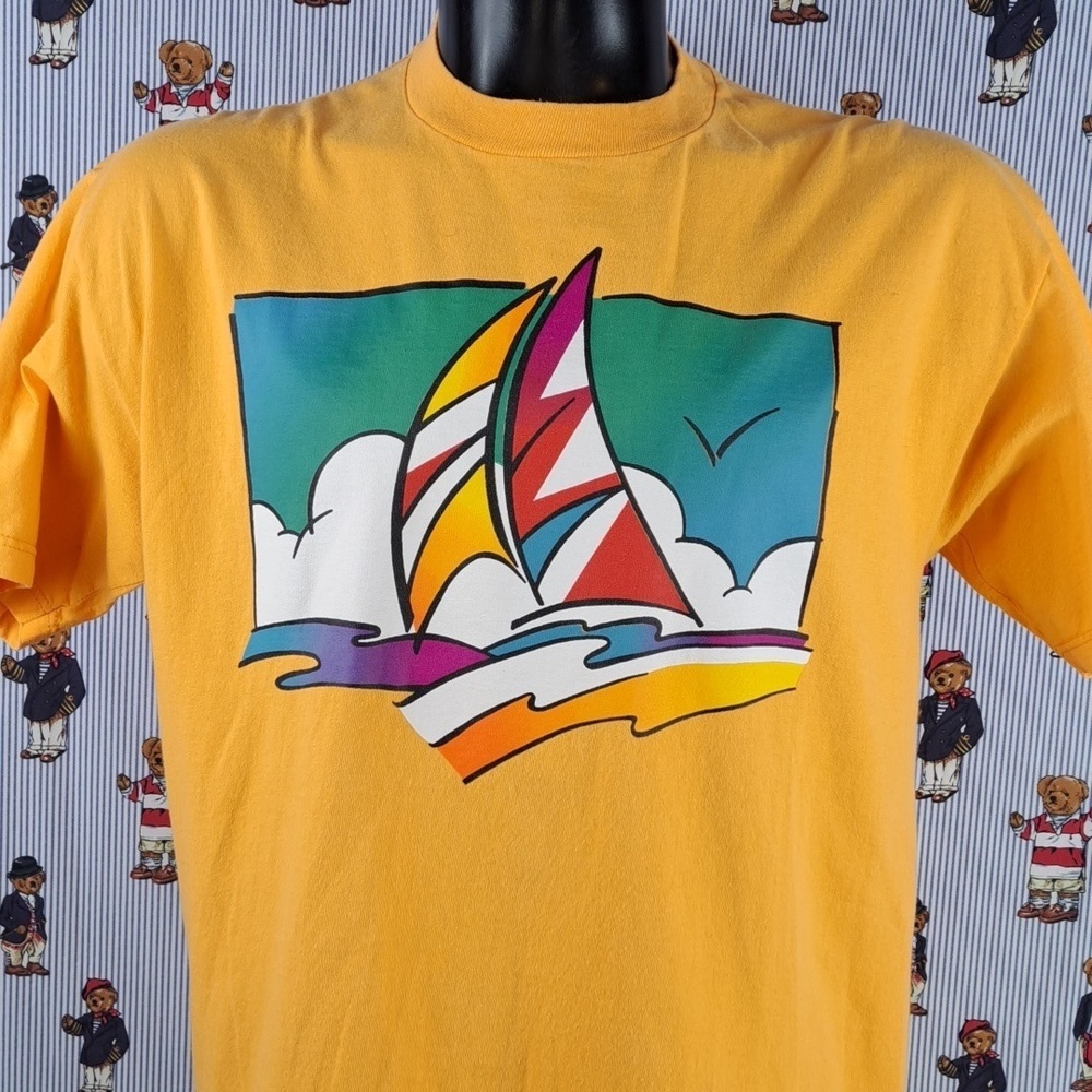 Vintage Y2K sailboat multicolor art graphic sherbert orange caudl LG t-shirt
